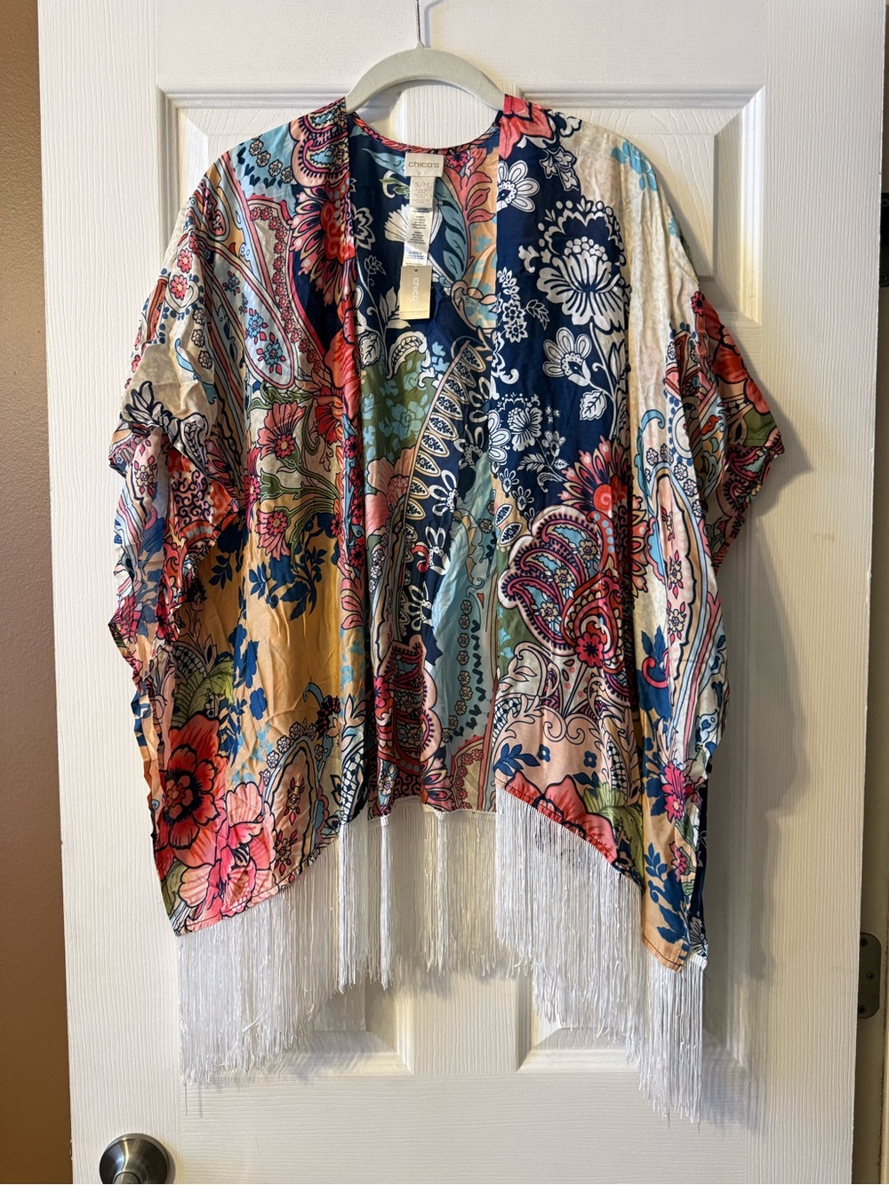 NWT Chico's Ella Paisley Fringed Ruana Kimono Wrap S/M